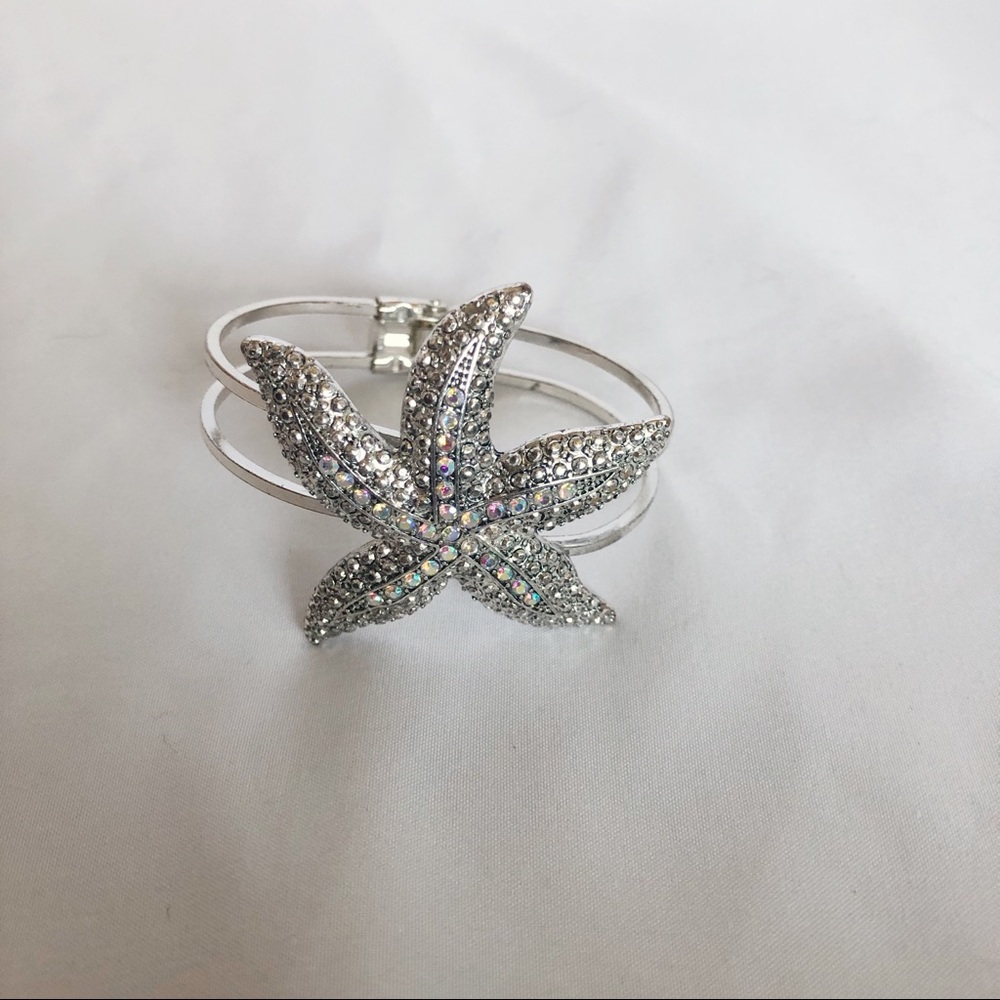 Sea Star Silver Tone Clamper Bracelet AB Rhinestones